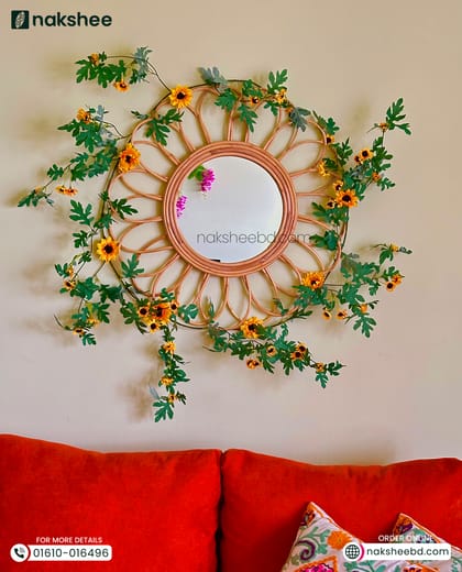 Rattan Frame Mirror + Premium sunflower vine
