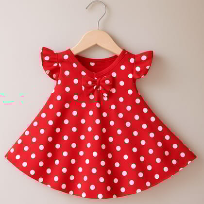 Girls’ Red Polka Dot Party Dress with Bow – Soft Cotton, Flared Design