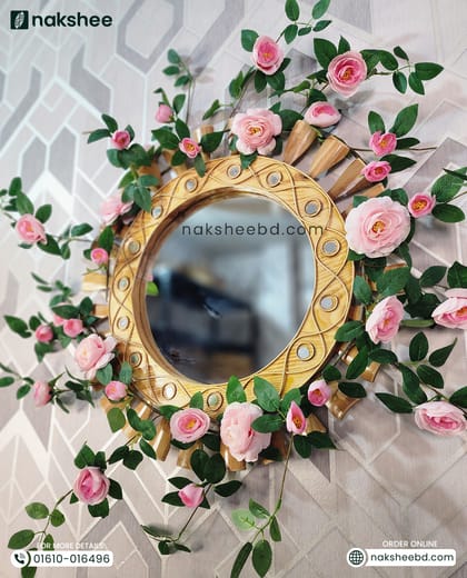 Wooden Mirror 23/23'' size wooden color wave design + Premium rose vine