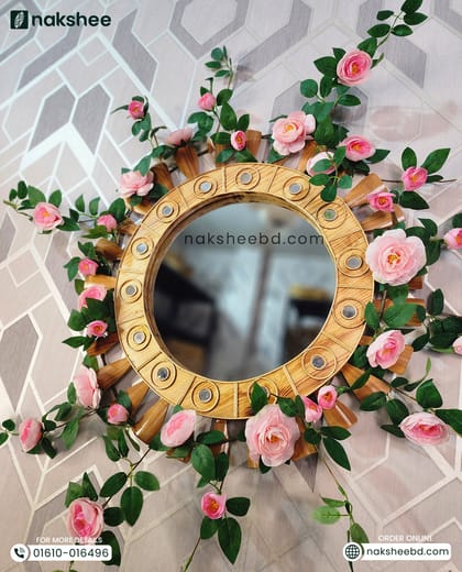 wooden mirror 23/23'' size Wooden Stick circle + Premium Rose vines