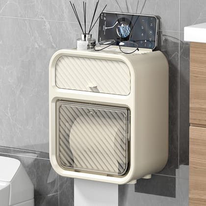 Waterproof Wall-Mounted Toilet Paper Holder with Storage Drawer – No Drill, Modern Design