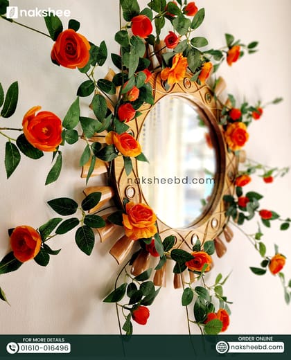 23'' wooden Mirror wave + Orange rose vine