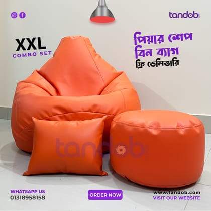 XXL Bean Bag Chair, Leg rest & Cushion - Combo Set - Orange Color