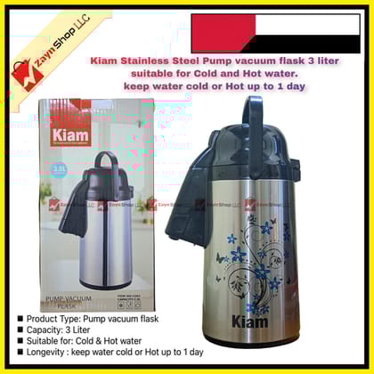 Kiam Stainless Steel Pump vacuum flask 3 liter suitable for Cold and Hot water ,keep water cold or Hot up to 1 day