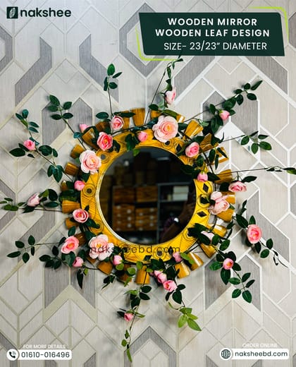 Wooden Mirror Wooden Leaf Design 23/23'' size + Premium rose vine