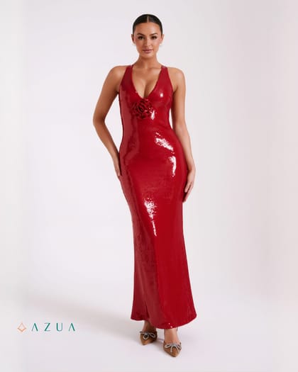 Rose Sequin Maxi Dress - Red