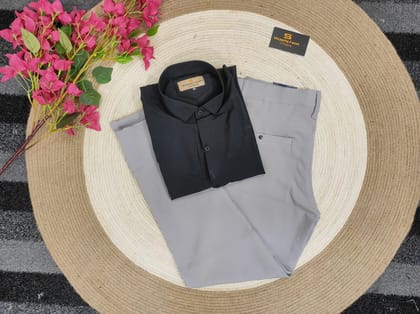 Gabadine Ash pant with black shirt