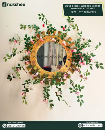 wooden mirror 23/23'' size wooden wave + pink mini rose vine