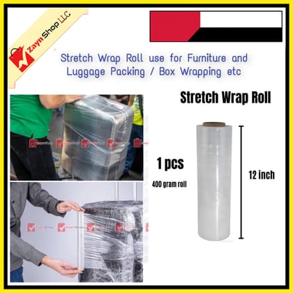 Stretch Plastic Wrap 400gram 1 Roll 12 inch  , LLDPE Wrapping Stretch Film Roll, Perfect For Luggage, Box and other Goods Wrapping.