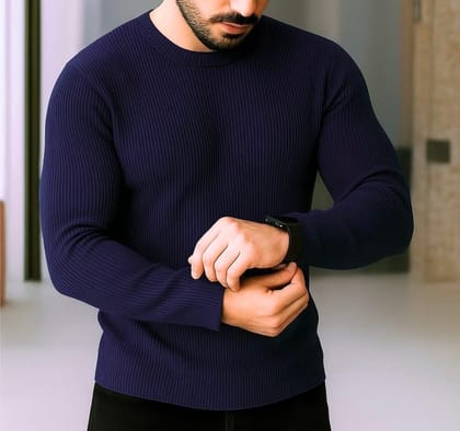 Premium Navy Blue Rib Full Sleeve T-Shirt