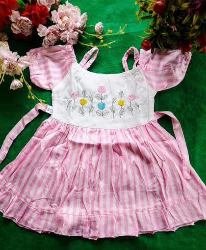 Pink Striped Frock with Embroidered Floral Design – For Baby Girls