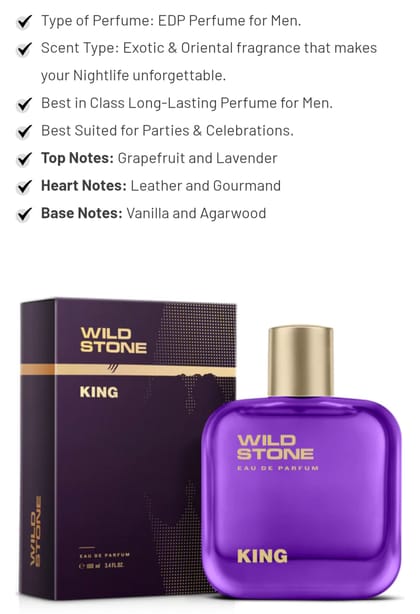 Wild Stone King Perfume for Men  Eau De Parfum 100ml Luxury Long-Lasting Fragrance Premium Perfume for men Infused with Woody & Oriental Notes