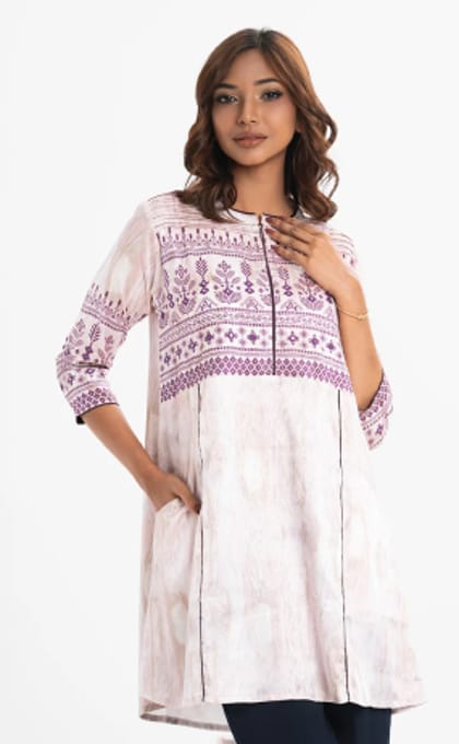 White & Purple Block Print Top