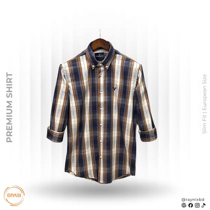 American Eagle Men’s Premium Navy & Tan Plaid Slim-Fit Casual Shirt