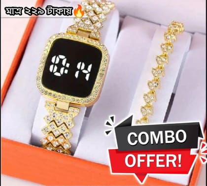 Fashionable LED Display Digital Touch Screen Wristwatch & Bracelet For Girls 2Pcs Combo