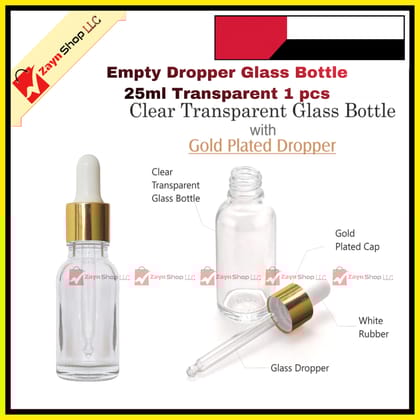 Empty Dropper Glass Bottle 25ml Transparent 1 pcs