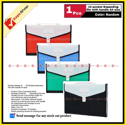 Expanding Pocket File with Handle 12 Pockets A4 Size Random Color 1 Pcs