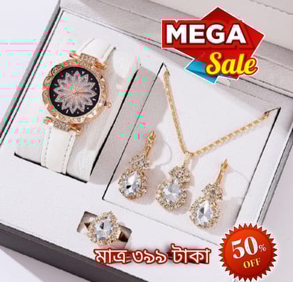 New Fashionable Belt Watch and Stone Jewelry Sets For Women Gift Item 5Pcs Sets
