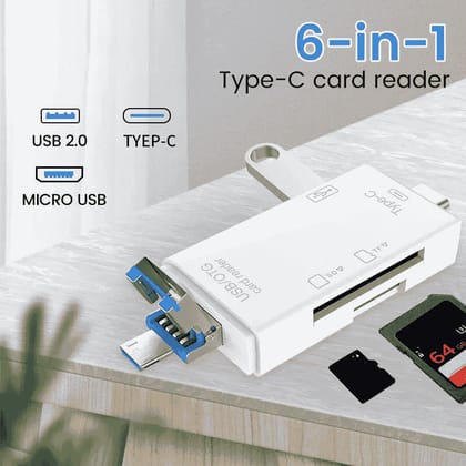 6-in-1 OTG Card Reader | Type-A/B/C | USB | SD | MicroSD | USB 2.0