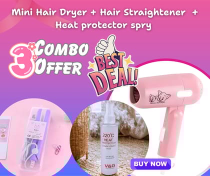 3-in-1 Beauty Combo Offer – Mini Hair Dryer + Hair Straightener + Heat Protection Spray