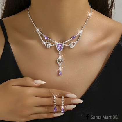 Luxury Dimond Cut Shallow Purple Necklace and Earing Set