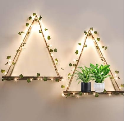 Set of 2 Hanging Shelves for Wall, Decor Shelves for Wall Floating Shelves Wood Shelves for Bedroom Boho Decor Plants Living Room Aesthetic Room Decor Set of 2 without Ivy Fairy Lights