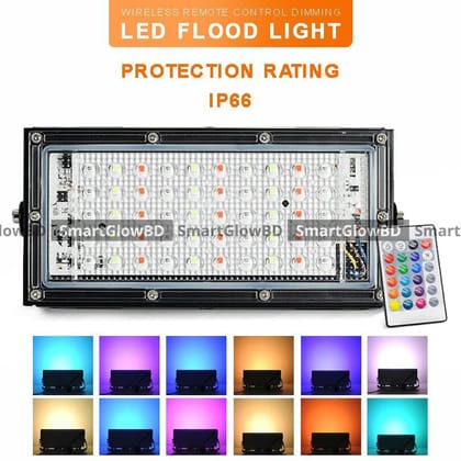 RGB LED Flood Light- Remote Controlled IP66 Waterproof Landscape & Outdoor Lighting (50W, AC220V) – Black Color