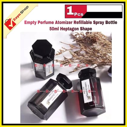 Empty Perfume Atomizer Refillable Spray Bottle 50ml Heptagon Shape Transparent Black Glass 1 pcs