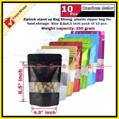 Ziplock stand up Bag Strong plastic zipper bag for food storage Size 6.5x4.5 inch  pack of 10 pcs