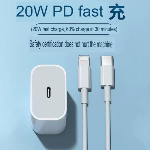 PD 20W Fast Charging Adapter Combo with 2M Lightning Cable 8-14 + 1M Type-C Cable + Android USB-C Cable for iPhone 15–16 & Android Devices