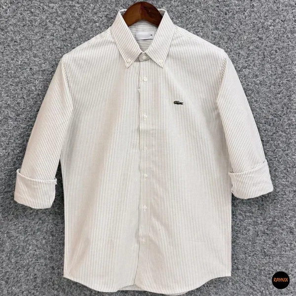 Lacoste Regular Fit Beige Striped Oxford Shirt