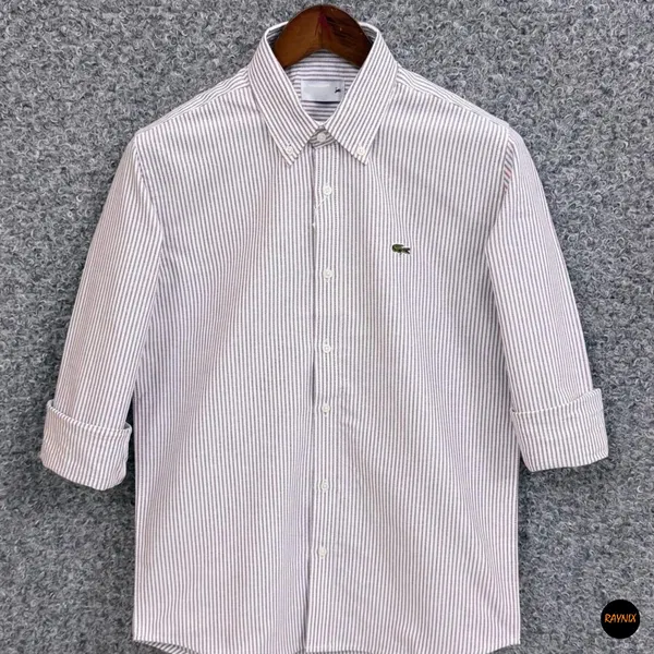Lacoste Regular Fit Maroon Striped Oxford Shirt