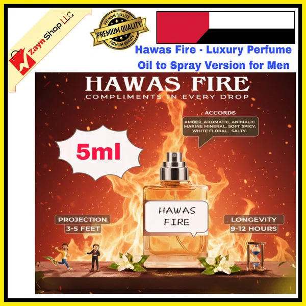 Hawas Fire - Luxury Perfume Oil to Spray Version Premium for Men 5ml or 10ml– Strong, Long Lasting, Arabic Fragrance – Ideal for Office, Date & Special Occasions