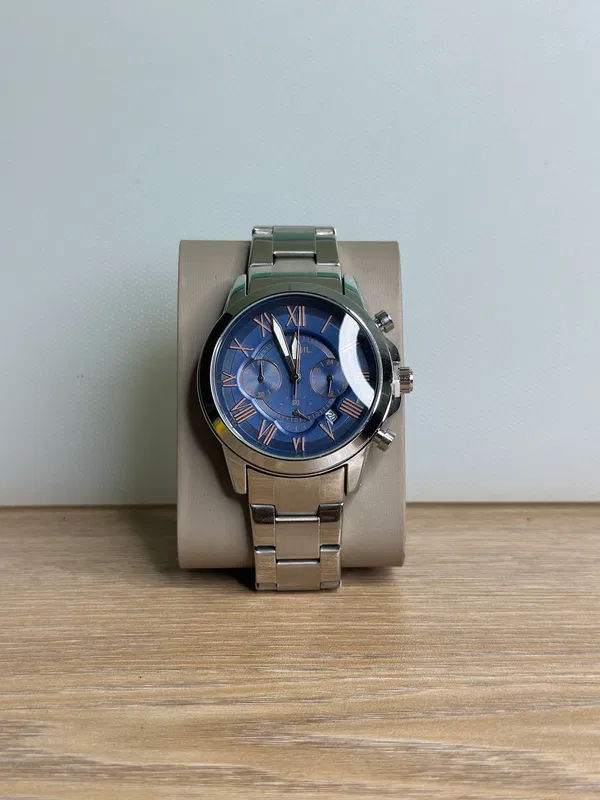 Fossil Grant Chronograph Silver Chain - Blue Dial, Rose Gold Indices