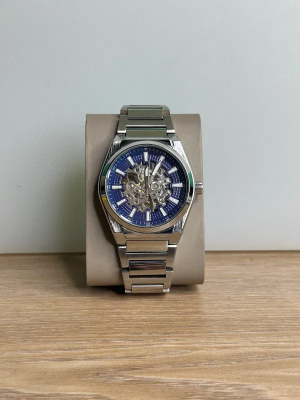 Fossil Everett ME3220 Automatic Skeleton Exposed Silver Chain - Blue Dial