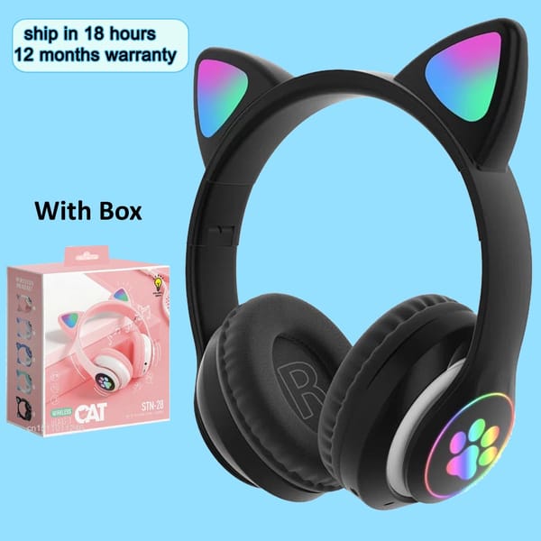 Wireless Headphones RGB Cute Cat Girls Kids Gift Headset with Microphone Stereo Music Gaming Headsets Control Lights Earphone
