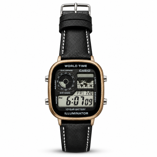 CASIO RETRO WORLD TIMER MAP DIGITAL BLACK BELT BRONZE CASE
