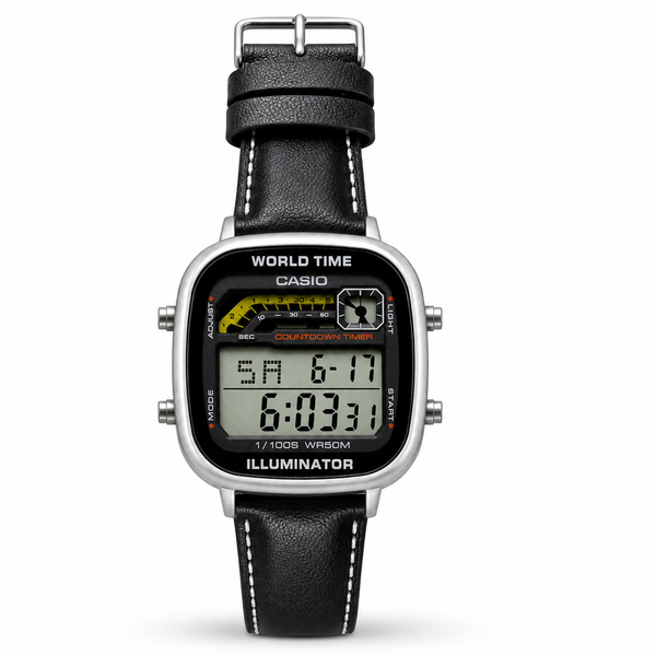 CASIO RETRO WORLD TIMER DIGITAL BLACK BELT SILVER CASE