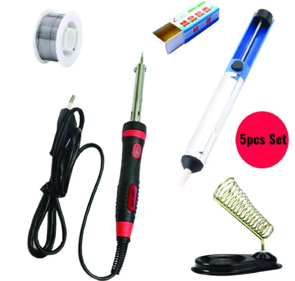 Soldering Iron Combo Pack (Soldering Iron 60 Watt, Stand, Soldering Wire Lead, Solder Sucker Desoldering Pump, Rosin)- 5pcs Set