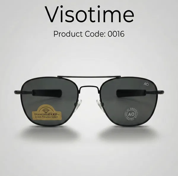 Classic Black Pilot Sunglasses "AO" on lens/temple, "Diamond Hard" sticker on lens.