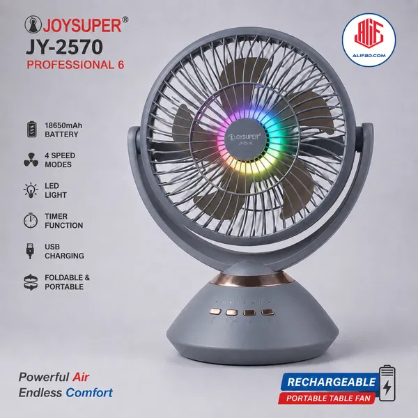 Joy Super JY-2570 Professional 6 Battery Rechargeable Portable Table Fan