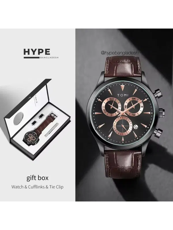 TOMI T-602 Chronograph Men's Leather Belt Quartz Watch (Brown)