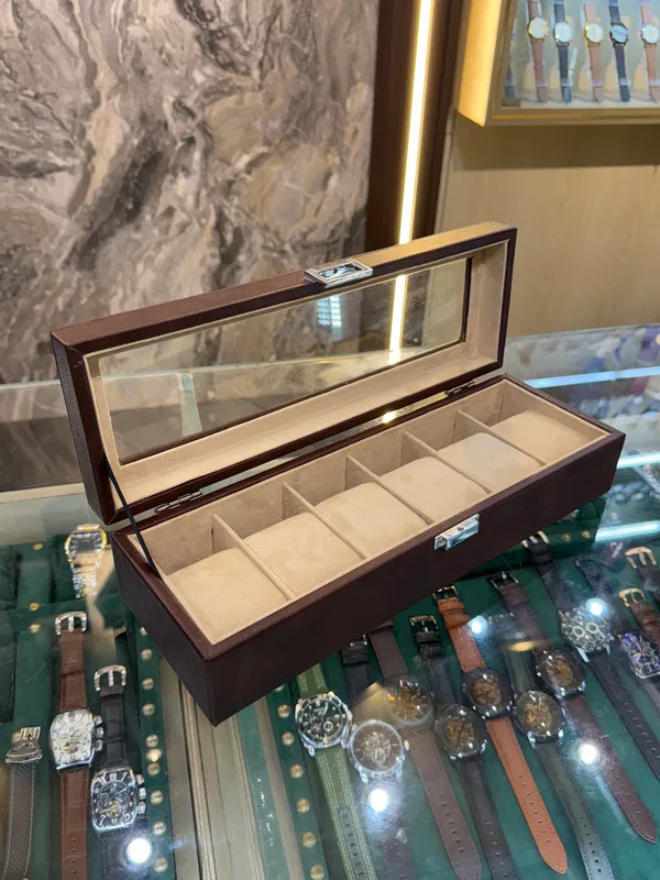 6 Slots Leather Watch Organizer Box (Brown-Cream)