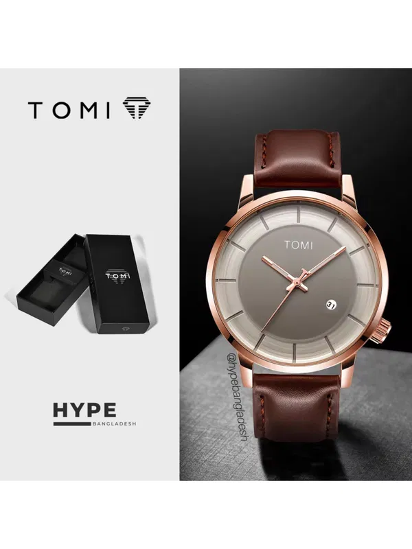 TOMI T-101 Men's Leather Belt Quartz Watch With Date (Brown)