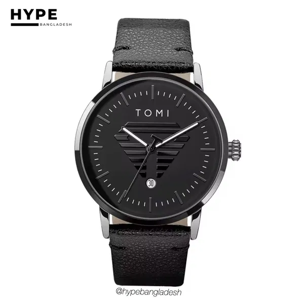 TOMI T-042 Men's Leather Belt Quartz Watch With Date (Black)