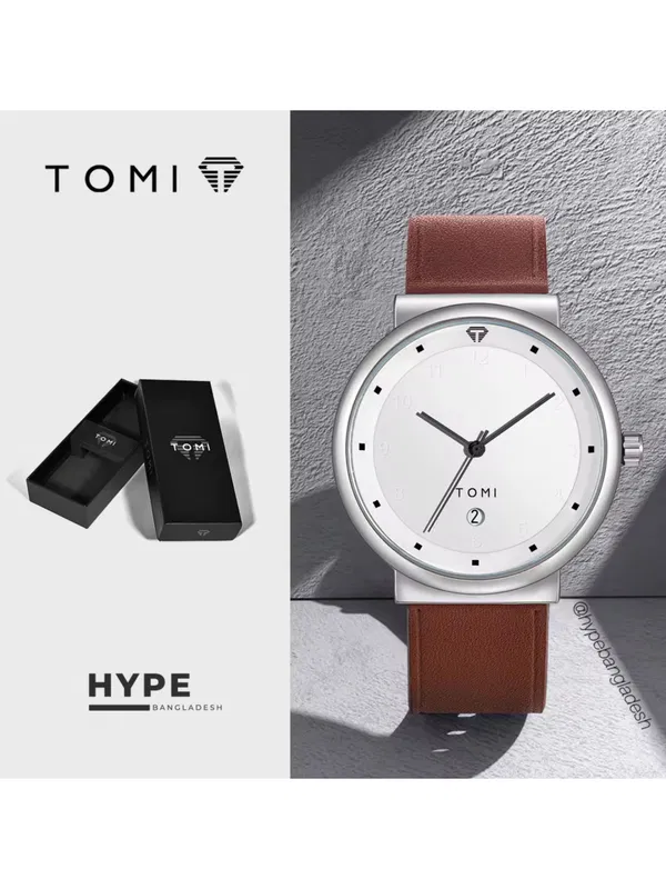 TOMI T-091 Men's Leather Belt Quartz Watch With Date (White)