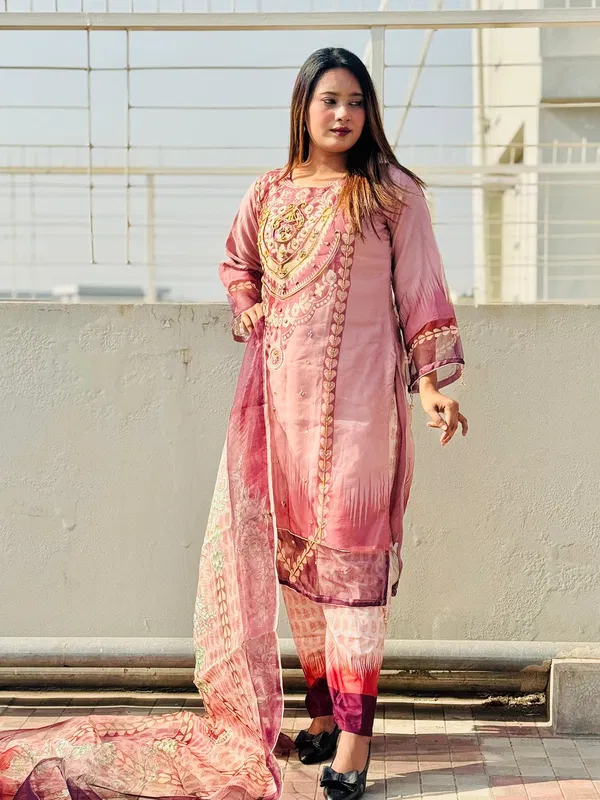 New Eid Collection Luxury Embroidery Work Digital Print Farsi Cut Organza 3 Piece Women Dress - Blush Rose Pink Elegance