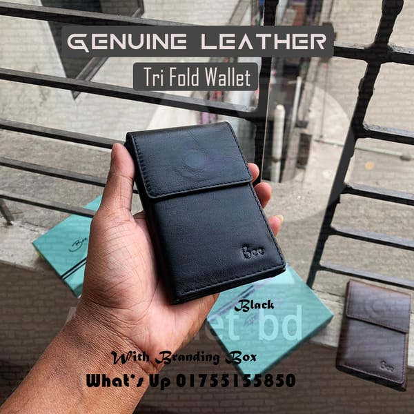Magnetic Plain Black & Brown Trifold Genuine Leather Wallet With Box