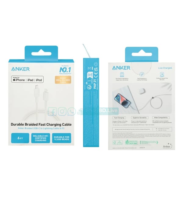 Anker Fast Charging Cable, Durable, Braided, 6 FT USB-C toip lightning