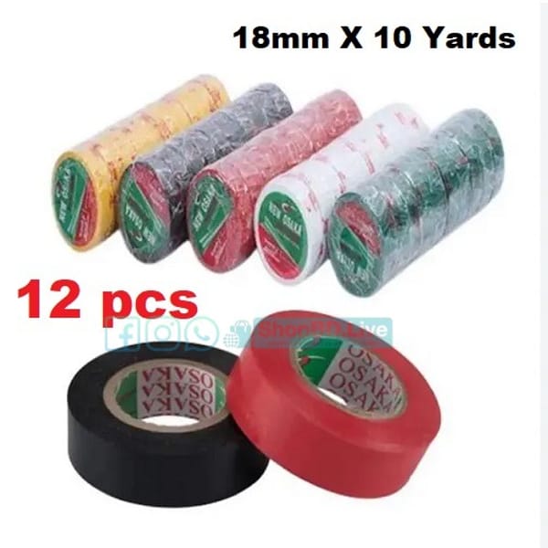 12 Pcs Osaka PVC Electrical Cricket Tape 18mm × 10 Yards (Red, White, Black, Yellow)